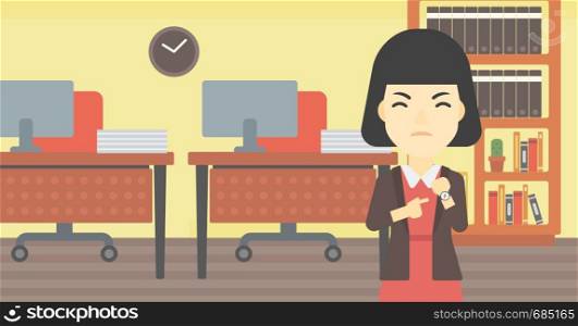 An asian angry business woman standing in the office and pointing at her wrist watch. Vector flat design illustration. Horizontal layout.. Angry business woman pointing at wrist watch.
