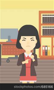 An asian angry business woman standing in the office and pointing at her wrist watch. Vector flat design illustration. Vertical layout.. Angry business woman pointing at wrist watch.