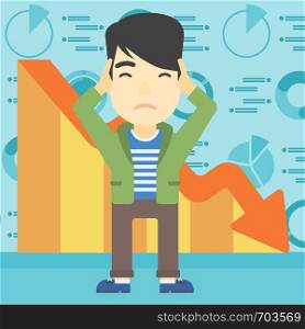 An asian bankrupt clutching his head. Bankrupt with a big question mark above head. Concept of business bankruptcy. Vector flat design illustration. Square layout.. Bankrupt clutching his head vector illustration.