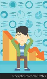 An asian bankrupt clutching his head. Bankrupt with a big question mark above head. Concept of business bankruptcy. Vector flat design illustration. Vertical layout.. Bankrupt clutching his head vector illustration.