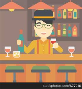An asian bartender standing at the bar counter. Bartender with a bottle and a glass in hands. Bartender at work. Vector flat design illustration. Square layout.. Bartender standing at the bar counter.