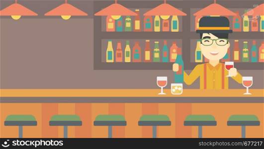 An asian bartender standing at the bar counter. Bartender with a bottle and a glass in hands. Bartender at work. Vector flat design illustration. Horizontal layout.. Bartender standing at the bar counter.