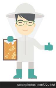 An asian beekeeper in protective suit holding a framework in hand and showing thumb up vector flat design illustration isolated on white background. Vertical layout.. Bee-keeper at apiary.