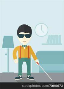 An asian blind man in dark glasses standing with walking stick inside the house vector flat design illustration. Vertical layout with a text space.. Blind man with stick.
