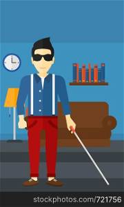 An asian blind man in dark glasses standing with walking stick on the background of furnished room vector flat design illustration. Vertical layout.. Blind man with stick.