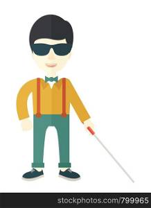 An asian blind man in dark glasses standing with walking stick vector flat design illustration isolated on white background. Vertical layout.. Blind man with stick.