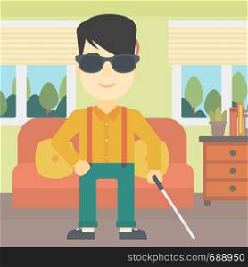 An asian blind man standing with walking stick. Young man in dark glasses with cane standing in the living room. Vector flat design illustration. Square layout.. Blind man with stick vector illustration.