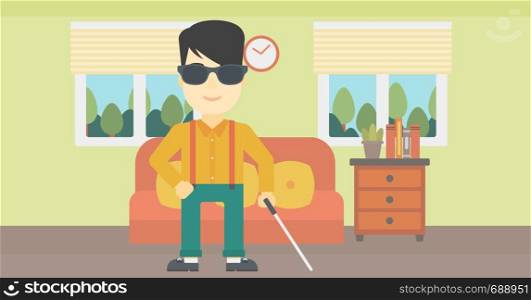 An asian blind man standing with walking stick. Young man in dark glasses with cane standing in the living room. Vector flat design illustration. Horizontal layout.. Blind man with stick vector illustration.