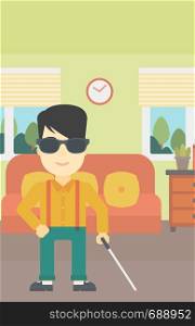 An asian blind man standing with walking stick. Young man in dark glasses with cane standing in the living room. Vector flat design illustration. Vertical layout.. Blind man with stick vector illustration.