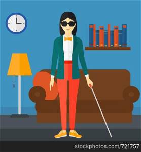 An asian blind woman in dark glasses standing with walking stick on the background of furnished room vector flat design illustration. Square layout.. Blind woman with stick.