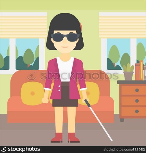 An asian blind woman standing with walking stick. Young woman in dark glasses with cane standing in the living room. Vector flat design illustration. Square layout.. Blind woman with stick vector illustration.