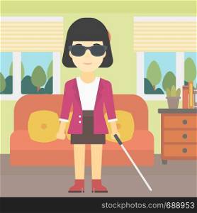 An asian blind woman standing with walking stick. Young woman in dark glasses with cane standing in the living room. Vector flat design illustration. Square layout.. Blind woman with stick vector illustration.