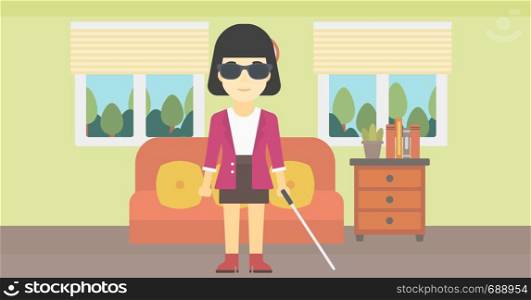 An asian blind woman standing with walking stick. Young woman in dark glasses with cane standing in the living room. Vector flat design illustration. Horizontal layout.. Blind woman with stick vector illustration.