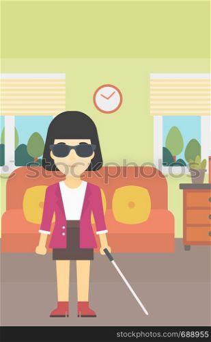 An asian blind woman standing with walking stick. Young woman in dark glasses with cane standing in the living room. Vector flat design illustration. Vertical layout.. Blind woman with stick vector illustration.