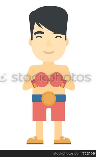 An asian boxer in gloves vector flat design illustration isolated on white background.. Confident boxer in gloves.