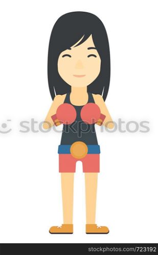 An asian boxer in gloves vector flat design illustration isolated on white background.. Confident boxer in gloves.