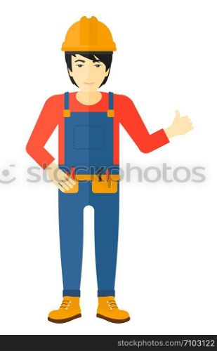 An asian builder in helmet showing thumbs up sign vector flat design illustration isolated on white background. . Builder showing thumbs up.