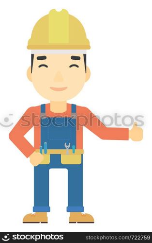 An asian builder in helmet showing thumbs up sign vector flat design illustration isolated on white background. Vertical layout.. Builder showing thumbs up.