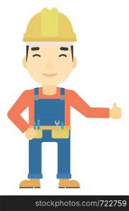 An asian builder in helmet showing thumbs up sign vector flat design illustration isolated on white background. Vertical layout.. Builder showing thumbs up.