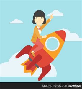 An asian business woman flying on the business start up rocket and pointing forefinger up. Successful business start up concept. Vector flat design illustration. Square layout.. Business start up vector illustration.