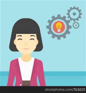 An asian business woman having a business idea. Successful business idea concept. Business woman with business idea bulb in gear. Vector flat design illustration. Square layout.. Woman with bulb and gears vector illustration.