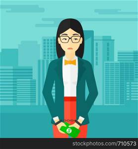 An asian business woman in handcuffs with money in hands on the background of modern city vector flat design illustration. Square layout.. Woman handcuffed for crime.