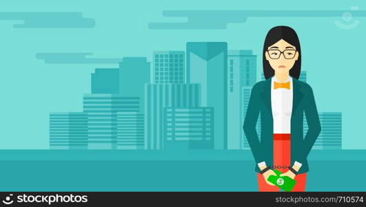 An asian business woman in handcuffs with money in hands on the background of modern city vector flat design illustration. Horizontal layout.. Woman handcuffed for crime.
