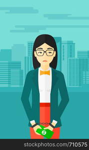 An asian business woman in handcuffs with money in hands on the background of modern city vector flat design illustration. Vertical layout.. Woman handcuffed for crime.