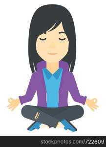 An asian business woman meditating in lotus pose vector flat design illustration isolated on white background. . Business woman meditating in lotus pose.