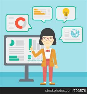 An asian business woman pointing at charts on a board during business presentation. Woman giving a business presentation. Vector flat design illustration. Square layout.. Woman making business presentation.