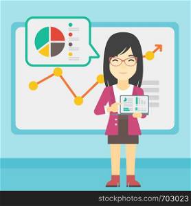 An asian business woman pointing at charts on laptop screen. Woman presenting report with a laptop on the background of board with graph. Vector flat design illustration. Square layout.. Business woman presenting report on a laptop.