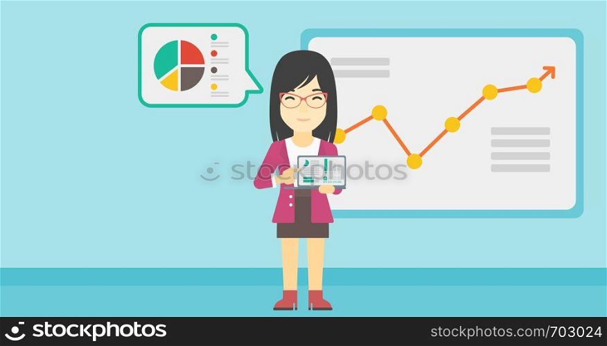 An asian business woman pointing at charts on laptop screen. Woman presenting report with a laptop on the background of board with graph. Vector flat design illustration. Horizontal layout.. Business woman presenting report on a laptop.