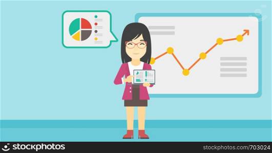 An asian business woman pointing at charts on laptop screen. Woman presenting report with a laptop on the background of board with graph. Vector flat design illustration. Horizontal layout.. Business woman presenting report on a laptop.