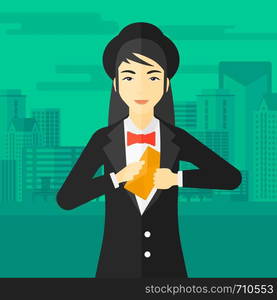 An asian business woman putting an envelope in her pocket on the background of modern city vector flat design illustration. Square layout.. Woman putting envelope in pocket.