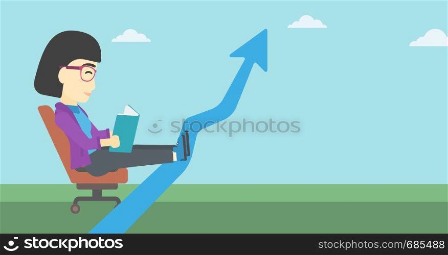 An asian business woman sitting in a chair and reading a book while her legs lay on an uprising arrow. Business study concept. Vector flat design illustration. Horizontal layout.. Business woman reading book vector illustration.