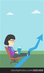 An asian business woman sitting in a chair and reading a book while her legs lay on an uprising arrow. Business study concept. Vector flat design illustration. Vertical layout.. Business woman reading book vector illustration.