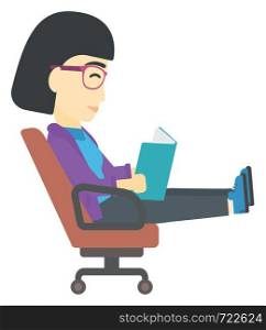 An asian business woman sitting in chair and reading a book vector flat design illustration isolated on white background. . Business woman reading book.
