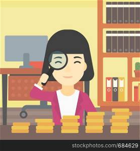 An asian business woman sitting in the office and looking at stacks of golden coins through magnifier. Vector flat design illustration. Square layout.. Woman with magnifier looking at golden coins.