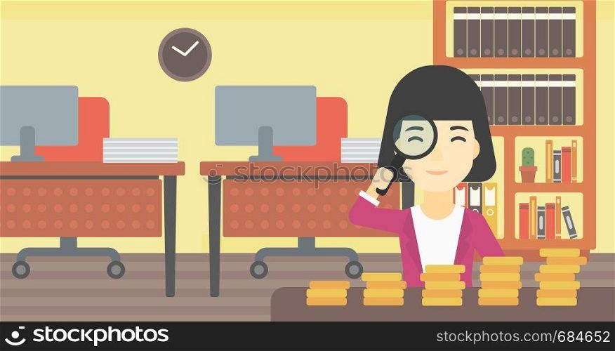 An asian business woman sitting in the office and looking at stacks of golden coins through magnifier. Vector flat design illustration. Horizontal layout.. Woman with magnifier looking at golden coins.