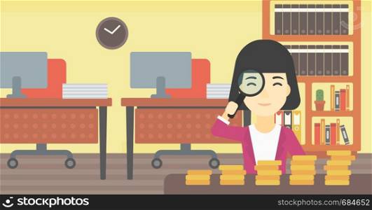 An asian business woman sitting in the office and looking at stacks of golden coins through magnifier. Vector flat design illustration. Horizontal layout.. Woman with magnifier looking at golden coins.