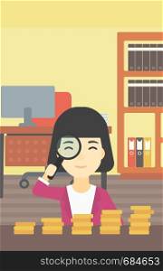 An asian business woman sitting in the office and looking at stacks of golden coins through magnifier. Vector flat design illustration. Vertical layout.. Woman with magnifier looking at golden coins.