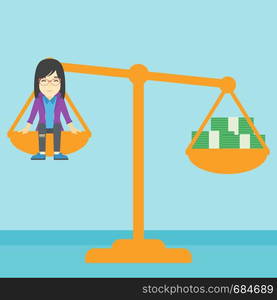 An asian business woman sitting on a scale with stacks of money. Vector flat design illustration. Square layout.. Business woman on scale with stacks of money.