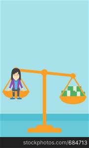 An asian business woman sitting on a scale with stacks of money. Vector flat design illustration. Vertical layout.. Business woman on scale with stacks of money.