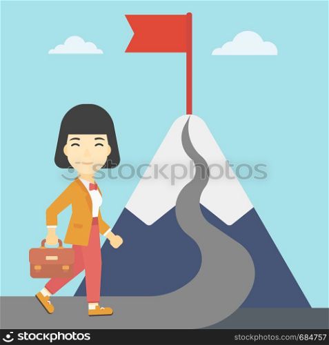 An asian business woman standing at the foot of the mountain. Business woman walking on road leading to flag on the top of the mountain. Vector flat design illustration. Square layout.. Leader business woman vector illustration.