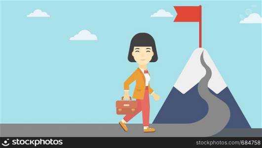 An asian business woman standing at the foot of the mountain. Business woman walking on road leading to flag on the top of the mountain. Vector flat design illustration. Horizontal layout.. Leader business woman vector illustration.