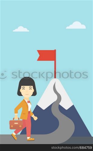 An asian business woman standing at the foot of the mountain. Business woman walking on road leading to flag on the top of the mountain. Vector flat design illustration. Vertical layout.. Leader business woman vector illustration.