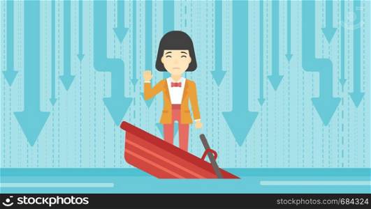 An asian business woman standing in a sinking boat and asking for help. Concept of business bankruptcy. Vector flat design illustration. Horizontal layout.. Business woman standing in sinking boat.