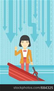 An asian business woman standing in a sinking boat and asking for help. Concept of business bankruptcy. Vector flat design illustration. Vertical layout.. Business woman standing in sinking boat.