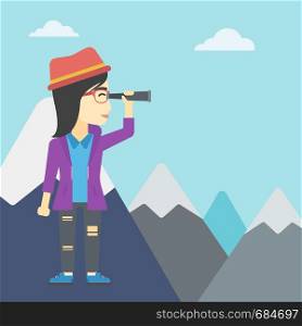 An asian business woman standing on the top of mountain with spyglass. Business woman looking through spyglass for success and business opportunities. Vector flat design illustration. Square layout.. Business woman looking through spyglass.