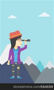 An asian business woman standing on the top of mountain with spyglass. Business woman looking through spyglass for success and business opportunities. Vector flat design illustration. Vertical layout.. Business woman looking through spyglass.